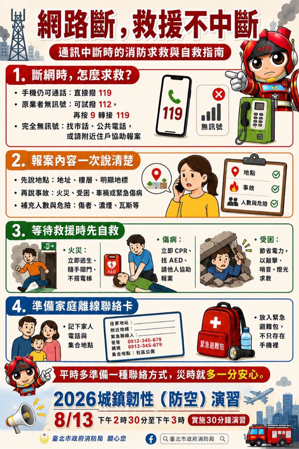 ▲▼通訊中斷消防求救與自救指南。(圖/北市府提供)