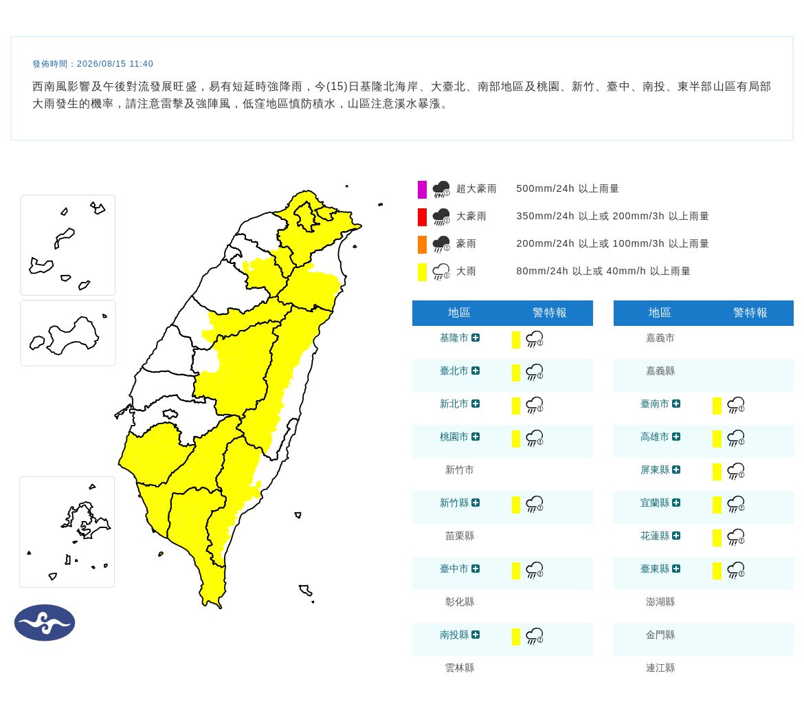 快訊/13縣市大雨特報!西南風影響及午後對流發展旺盛雨下不停 最新警戒區域曝