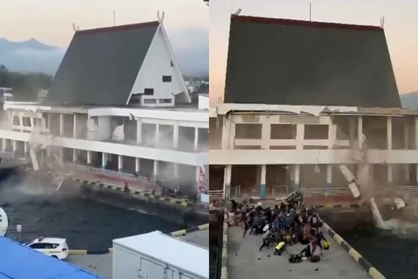 ▲▼印尼港口候船室「坍塌瞬間」曝光。(圖/翻攝自X)