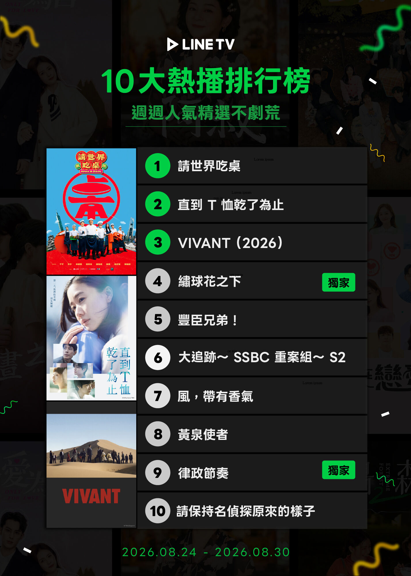 ▲▼LINE TV收視週榜(8/24-8/30)。(圖/LINE TV提供)