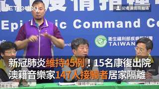 新冠肺炎維持45例！15名康復出院　澳籍音樂家147人接觸者居家隔離