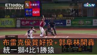 【中職highlight】布雷克優質好投+郭阜林開轟　統一獅4比1勝猿｜9/15 樂天桃猿 VS 統一7-eleven獅
