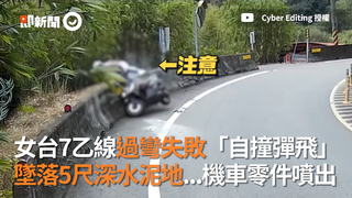 女台7乙線過彎失敗「自撞彈飛」墜落5尺深水泥地...機車零件噴出