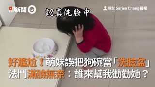 好尷尬！萌妹誤把狗碗當「洗臉盆」 法鬥滿臉無奈：誰來幫我勸勸她？