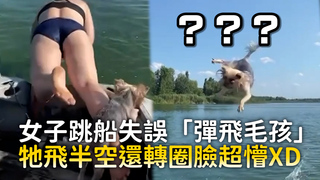 女子跳船失誤「彈飛毛孩」　牠飛半空還轉圈臉超懵XD