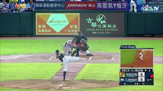 06/17 Lamigo vs 兄弟 一局上，張志強執行短打，嚴宏鈞漂亮長傳，阻止兄弟跑者進佔得點圈