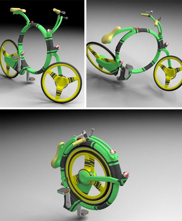 可以完全折疊成圓形的「蝗蟲腳踏車」。（圖／取自大紀元）