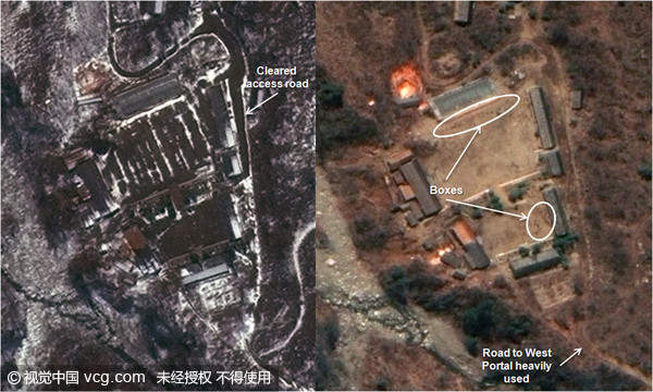 ▲2014年4月6日（左）與2014年4月19日（右）北韓豐溪里（Punggye-ri）核試驗地點衛星對比圖。（圖／CFP）