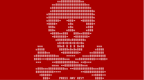 ▲感染了加密勒索軟體Petya後，電腦會當機，重新開機會出現骷髏頭紅色畫面。（圖／趨勢科技提供）