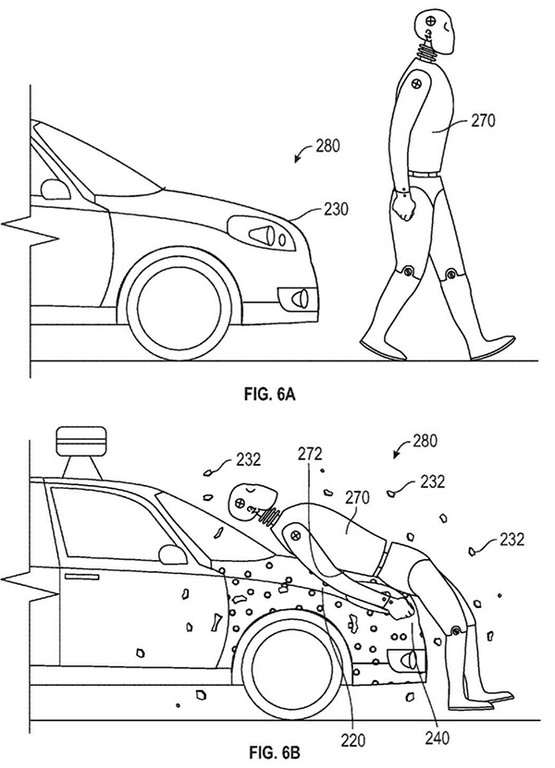 Google無人車推出新專利，將被撞路人黏在引擎蓋上，避免遭輾壓。（圖／翻攝自United States Patent and Trademark Office）