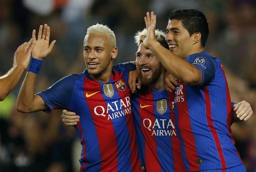 內馬爾內馬爾(Neymar)、梅西(Lionel Messi)、蘇亞雷斯(Luis Suarez)。（圖／達志影像／美聯社）