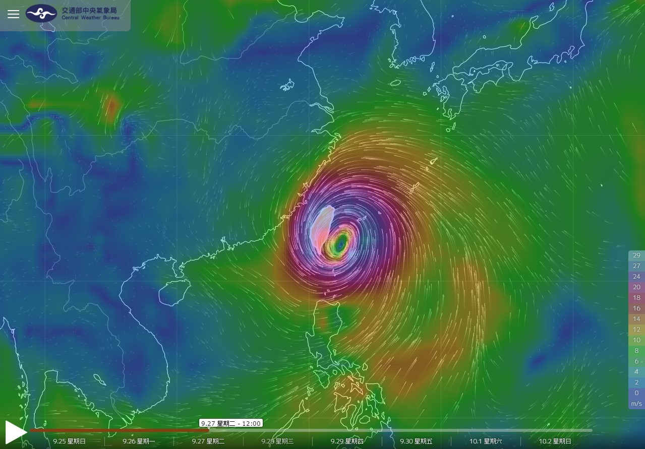 根据中央气象局的风场预报显示图,周二(27日)中午,梅姬台风已在东部