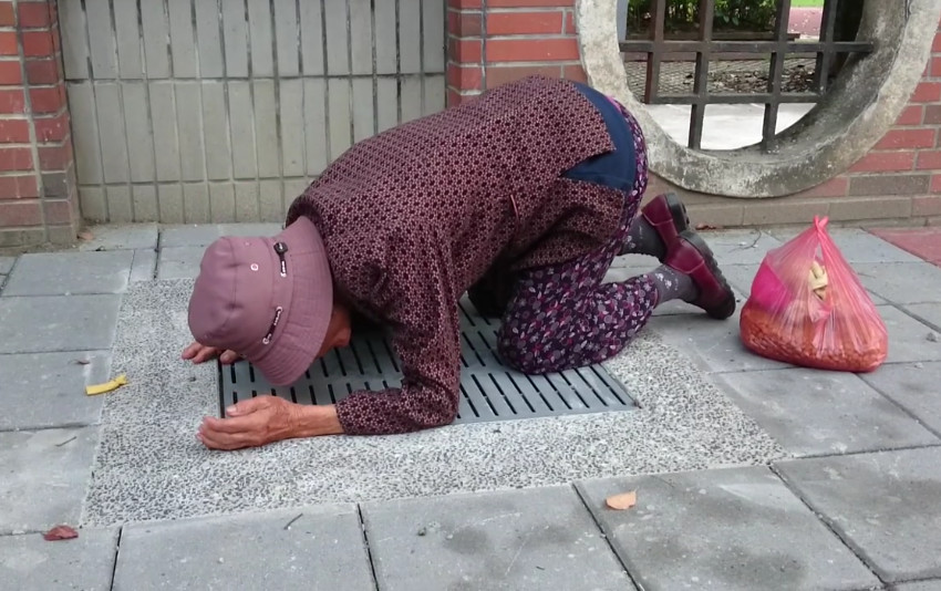 貓咪躲在水溝蓋下...埔里阿嬤怕牠餓　趴地塞小飼料（圖／粉絲專頁流浪貓兒狗兒的阿嬤授權提供）