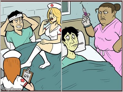 「A片vs現實」插畫！肖想短裙護士坐大腿，結果大媽拿針筒走進來
