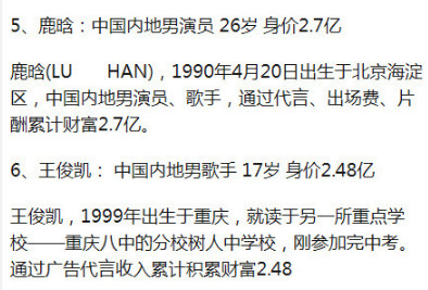 鹿晗26歲身價達人民幣2.7億元（約台幣12億元），王俊凱年僅17歲身價已達人民幣2.48億元（約新台幣11億元）。