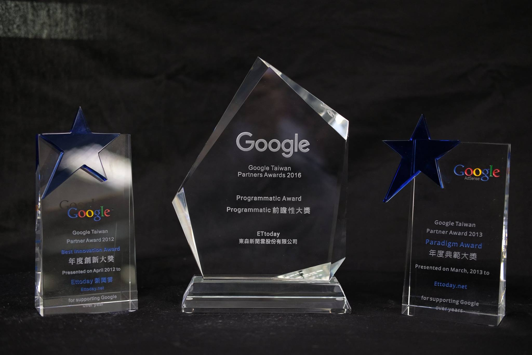 《ETtoday新聞雲》2016年獲頒Google「前瞻性大獎」。2016.2013.2012獎牌。