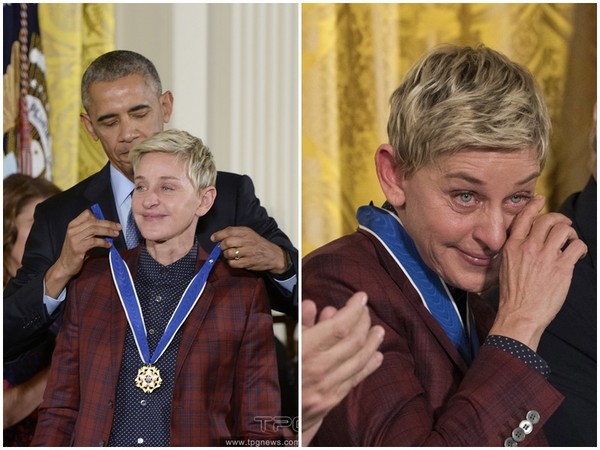 艾倫狄珍妮接受歐巴馬表揚「總統自由獎章」。（圖／達志影像）