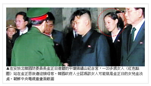 站在北韓新任領導人金正恩背後，疑似金正日女兒金汝貞。(圖／取自網路)