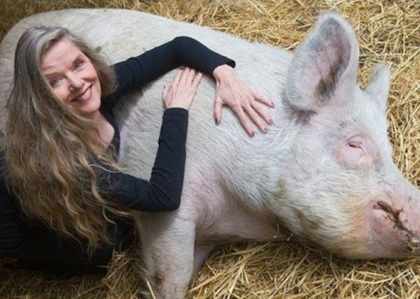「豬的天堂」創辦人黛安跟她的可愛豬豬抱抱。（圖／翻攝自Beloofde Varkensland臉書）