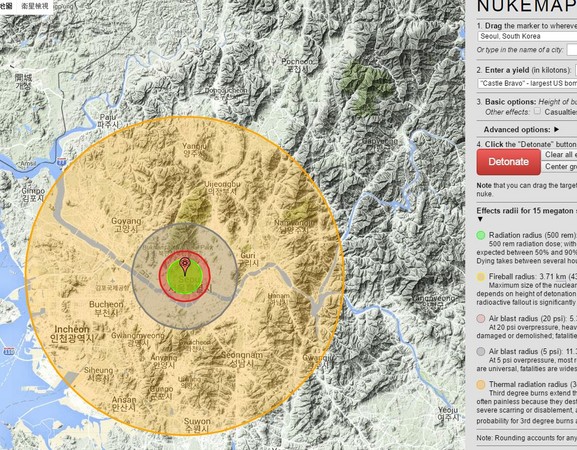 15萬噸級原子彈在首爾爆炸涵蓋區域示意圖。（圖／翻攝自NUKEMAP網站）