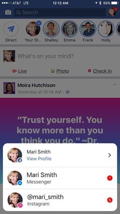 Facebook測試可顯示Instagram通知中。（圖／翻攝自 Mari Smith）