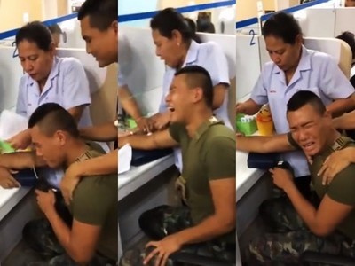 我不要～泰國兵怕打針哇哇哭　護士用身體壓制才成功插入