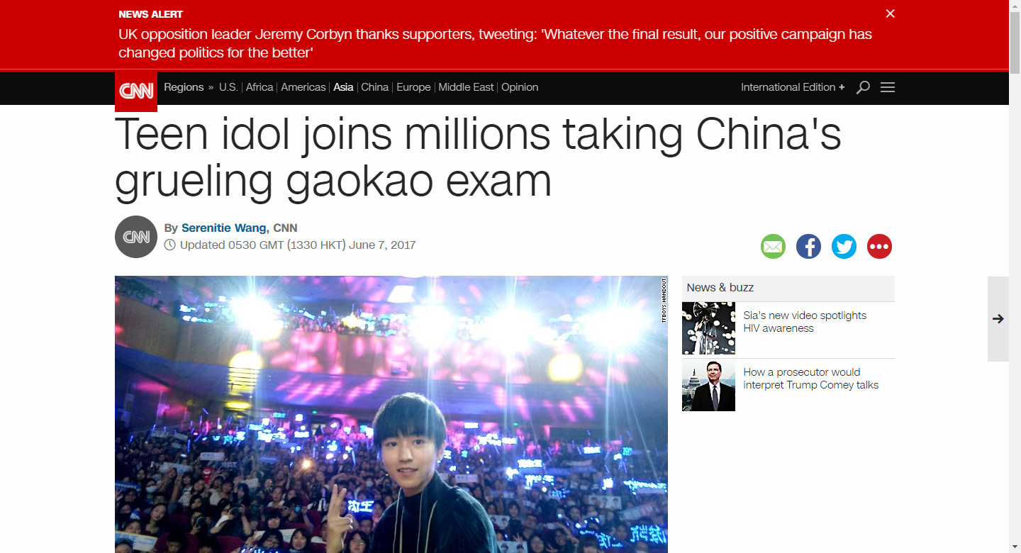▲TFBOYS人氣高，隊長王俊凱日前參加高考登上CNN。（圖／翻攝自王俊凱微博、《CNN》）