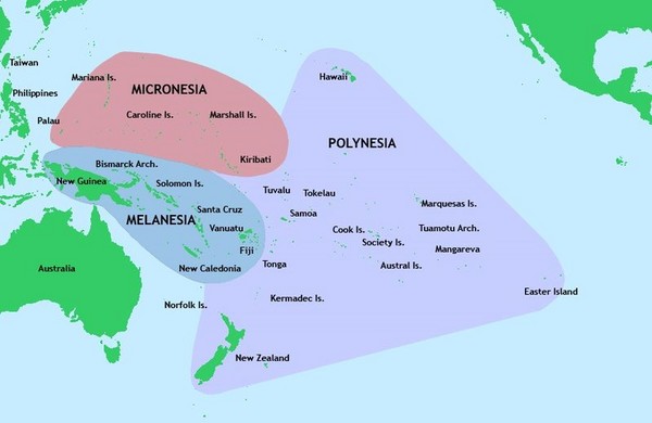▲美拉尼西亚（Melanesia）、密克羅尼西亞（Micronesia）和玻里尼西亞（Polynesia）等群島。（圖／翻攝自維基百科）