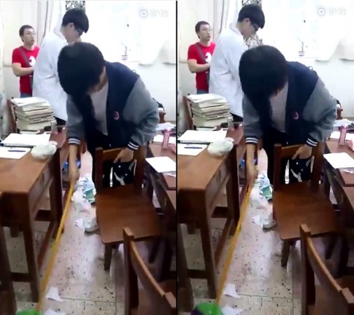 ▲王俊凱和要好的同學們一起留下來打掃教室。（圖／翻攝自李臘啊李臘微博）