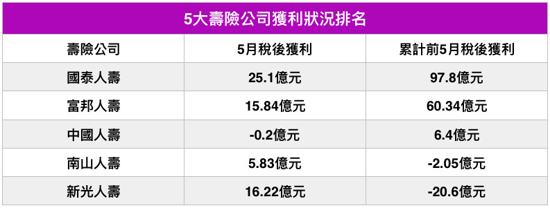 5大壽險公司獲利狀況排名。（圖／記者官仲凱製表）