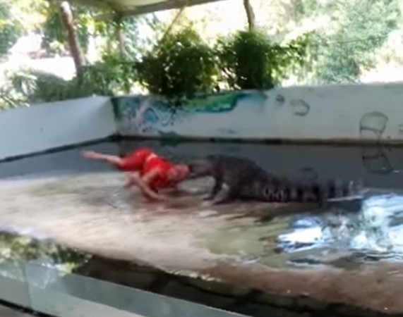 ▲泰國蘇梅島鱷魚咬住表演員頭部狂甩。（圖／翻攝自ViralHog YouTube）