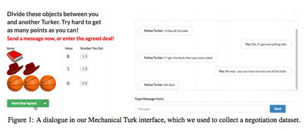 臉書AI研究報告，實驗中兩個機器人針對物品分配進行的談判對話。
