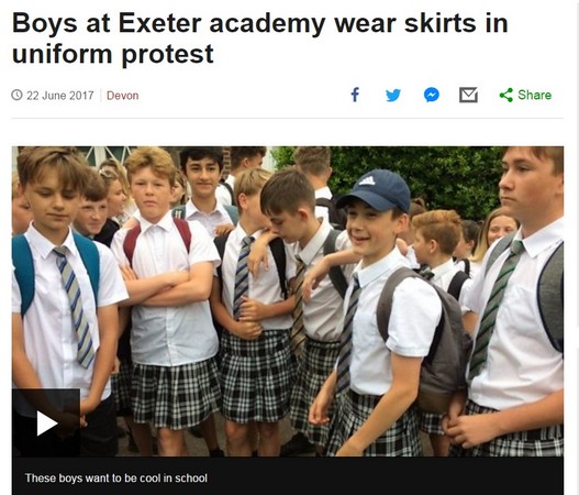 35度高溫禁穿短褲　50男「聽校長的話」改穿短裙上學。（圖／翻攝自英國《BBC NEWS》）
