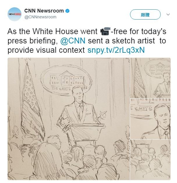 ▲海尼希（Bill Hennessy）為白宮記者會素描。（圖／翻攝自CNN Newsroom 推特）