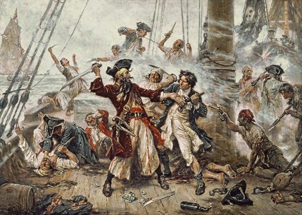 圖中持刀者為海盜「黑鬍子」，是世界航海史上著名的海盜之一。（圖片來源：Wikimedia Commons）