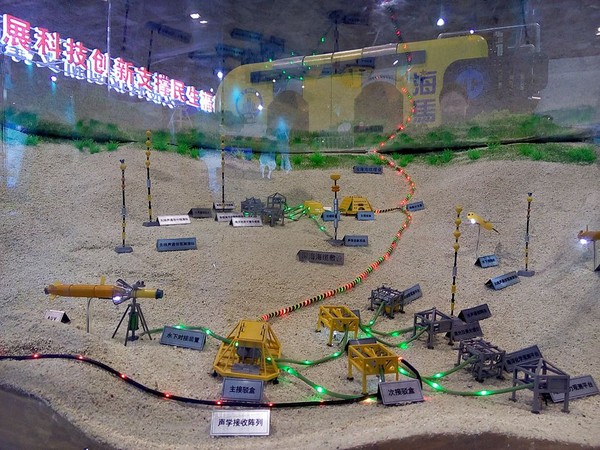 中國在2016年首度公開海底觀測網系統模型，不僅有大量的水聽陣列，還有通信光纜、無線聲通信觀測潛標、主/次接駁盒、水下工作站、自主式水下無人潛航器。（圖／翻攝自中華網）