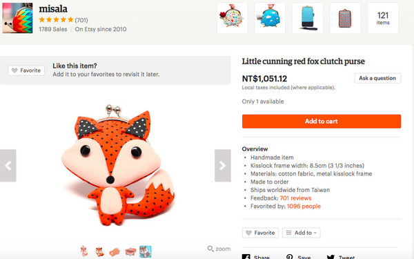 網路銷售應圖文並茂，賣狐狸造型口金包時，Sanford以中國民間故事說起，引人入勝。（截自網路）