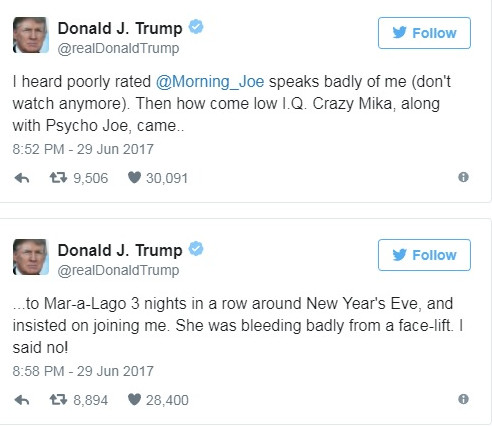 ▲美國總統川普又在推特上開炮，他毫不保留的辱罵女主持人米卡「低能瘋子」、「拉皮拉到流血」，男主持人喬則被他形容成「變態」。（圖／翻攝自推特）
