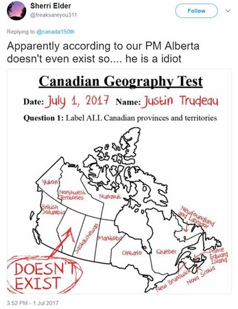 ▲▼加拿大網友揶揄杜魯多，說他以前參加地理考試時，肯定忘了亞伯達省。（圖／翻攝自推特）