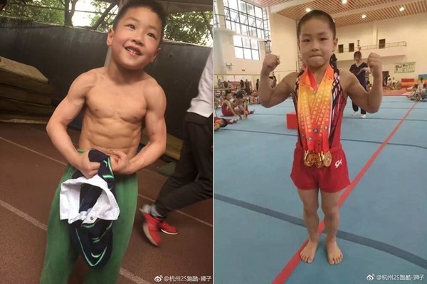 ▲▼浙江杭州7歲半男童陳憶擁有8塊腹肌，還在體操比賽奪得6枚金牌和1枚銀牌。（圖／翻攝杭州2S跑酷-獅子微博）