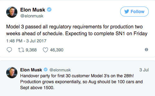 ▲特斯拉Model 3交車時間確定7／26　首批只交「30輛」！（圖／翻攝自Elon musk推特）