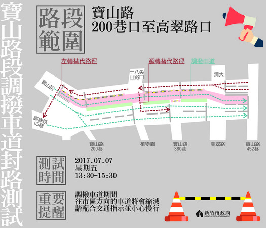 ▲寶山路調撥車道將通車 7日辦理封路測試。（圖／新竹市政府提供）