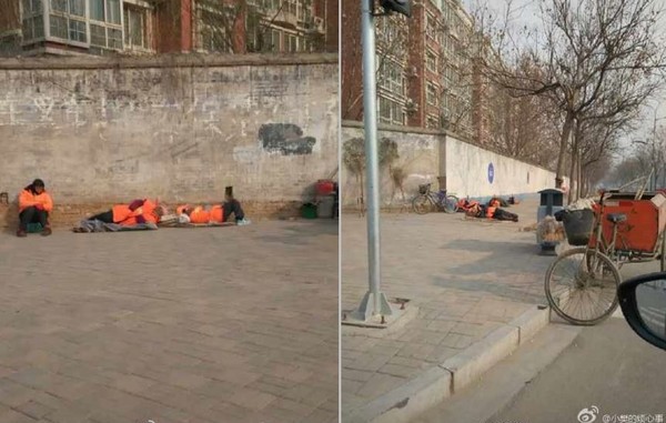 ▲▼北京一名綠化工人躺在垃圾桶蓋上休息。（圖／翻攝小樊的煩心事微博）