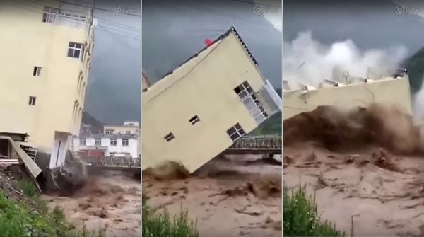 ▲▼西藏昌都市江達縣連日豪雨不斷，一棟大樓地基被洪水掏空而倒塌。（圖／翻攝自秒拍）