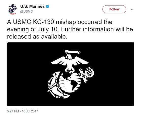 ▲▼美國海軍陸戰隊聲稱一架空中加油機墜毀。（圖／翻攝自U.S. Marines推特）