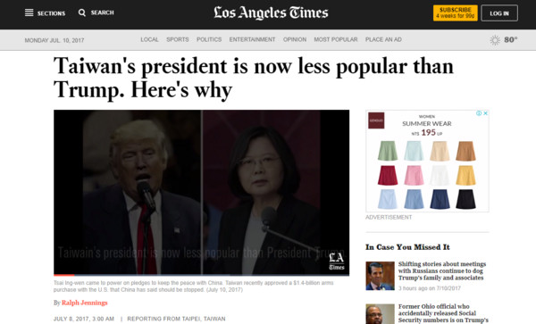 ▲▼《洛杉磯時報》分析為何蔡英文民調比美國總統川普差。（圖／翻攝自latimes.com）