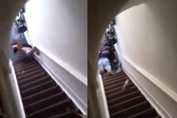 ▲▼女房客被房東退下樓梯。（圖／翻攝自臉書Steve Nkumbi）
