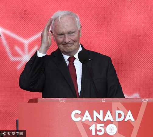 ▲總督強斯敦（David Johnston）2017年7月1日在加拿大慶祝建國150週年儀式中發表言論。（圖／CFP）