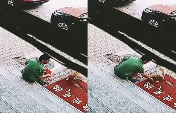 ▼男子先「假好心」，再拿出刀子。（圖／翻攝自新浪視頻）