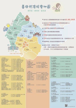 ▲▼台中市政府勞工局日前公布｢台中市視障按摩地圖｣，以方便民眾按圖索驥，支持視障按摩。（圖／台中市政府提供）